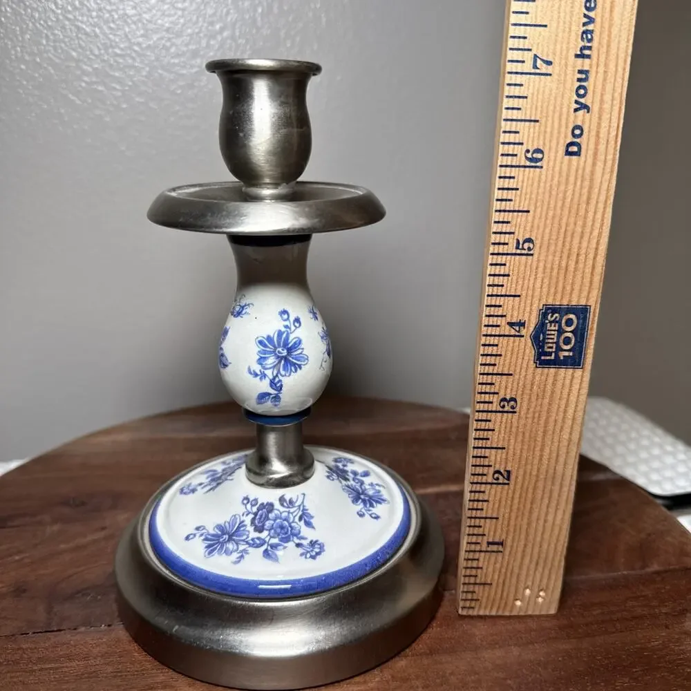 Vintage I.M. Schaffer Brooklyn Blue White Floral Ceramic Metal Candlestick MCM